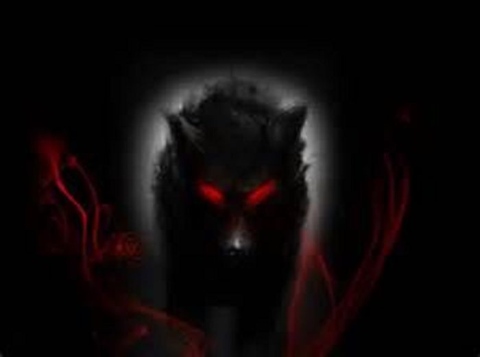 A depiction of demonic dog with glowing red eyes