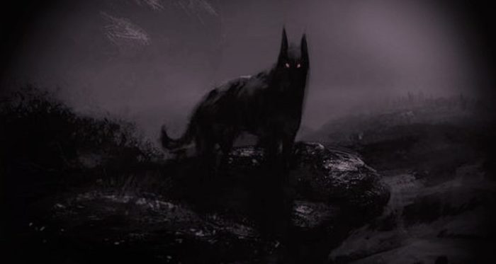 A depiction of a black demonic dog