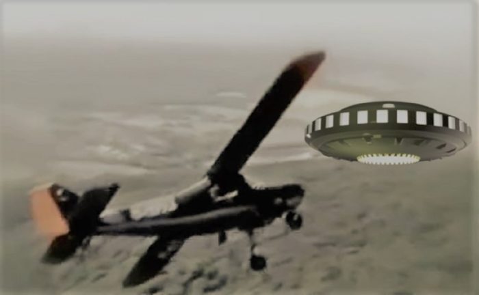 A superimposed UFO in front of a single engine plane