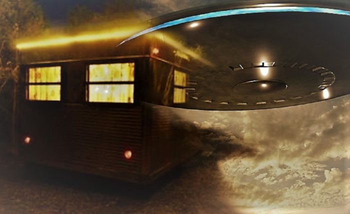 A picture of a mobile home blended into a picture of a flying saucer