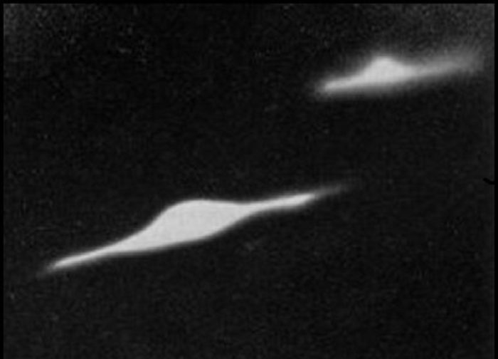 A picture showing two alleged disc-shaped UFOs
