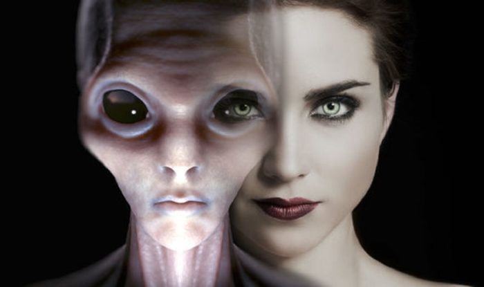 An image of an alien entity blending into a face of a woman