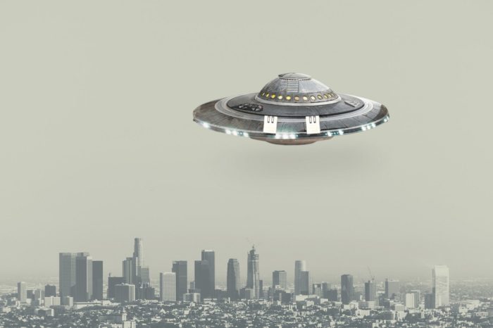 A UFO superimposed onto a picture of downtown Los Angeles 