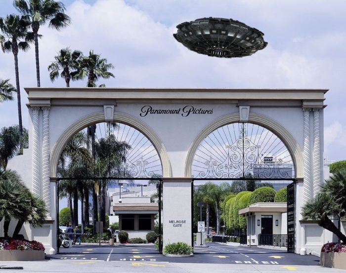 A superimposed UFO over a picture of the entrance to Paramount Pictures 