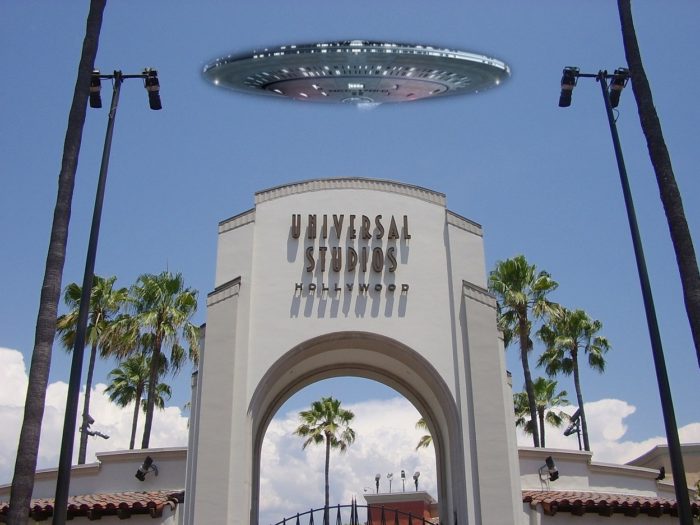 A UFO superimposed onto a picture of the entrance to Universal Studios