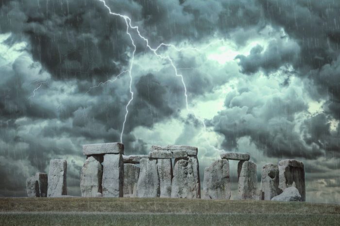 A depiction of Stonehenge with lightning overhead