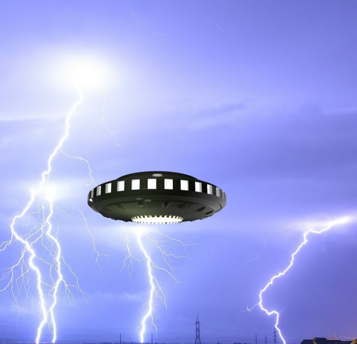 A superimposed UFO on an image of lightning in the sky