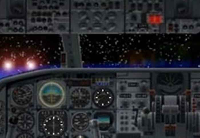 Depiction of a cockpit view of two strange lights approaching the plane