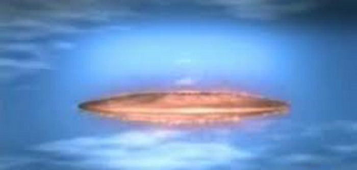 a depiction of an orange glowing UFO in a cloudy sky