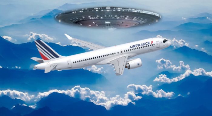 A picture of an Air France plane in a cloudy sky with a superimposed UFO over the top