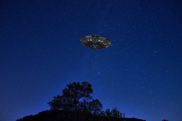 A superimposed UFO over a black tree at night