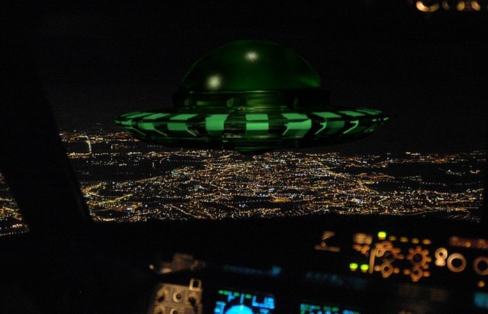 A superimposed UFO on a picture of a cockpit view