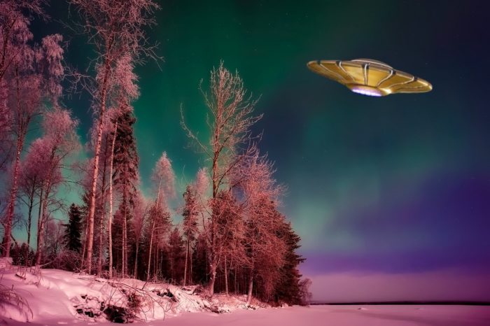 A superimposed UFO over an icy lakeside 