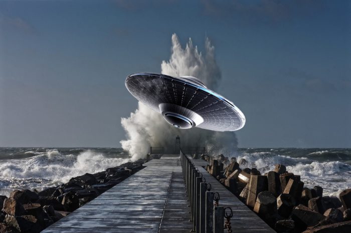 A superimposed UFO onto a picture of a dock with splashing water