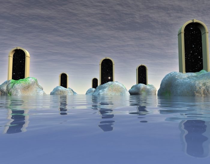 A mystical image of doorways floating on water