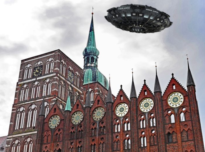A superimposed UFO over a German church