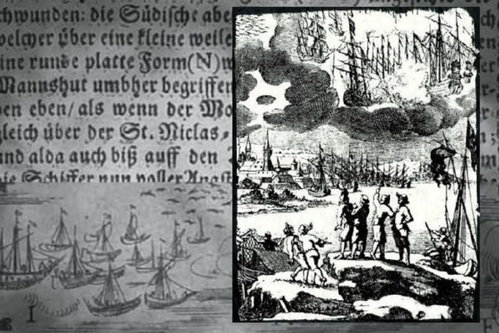 A depiction from the 1600s of "ships" in the sky