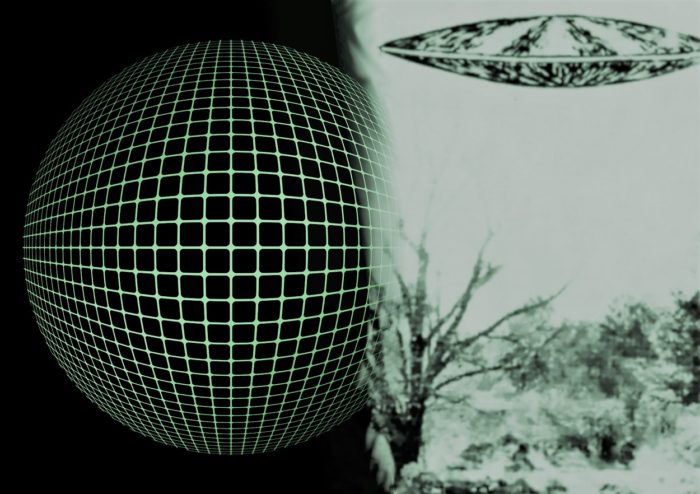 A picture of a sphere with grids blended into a sketch of a UFO