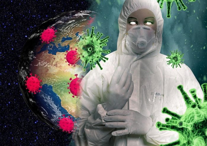 A blend of germs falling to Earth from space and person in a biosuit