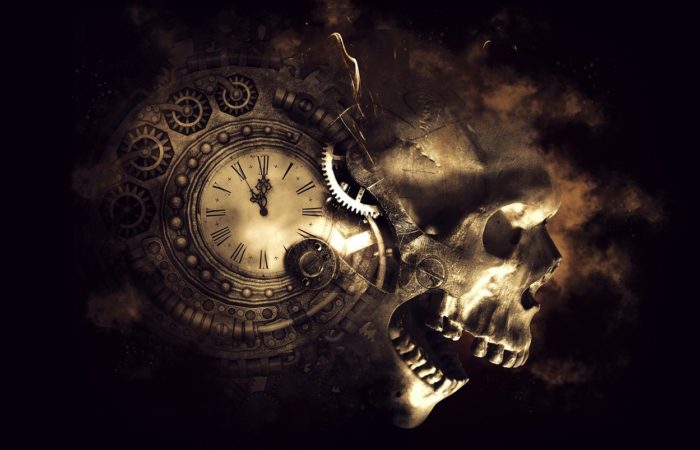 A picture of a clock blended into a skull