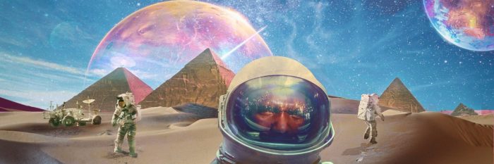 A depiction of astronauts on an alien world with pyramids