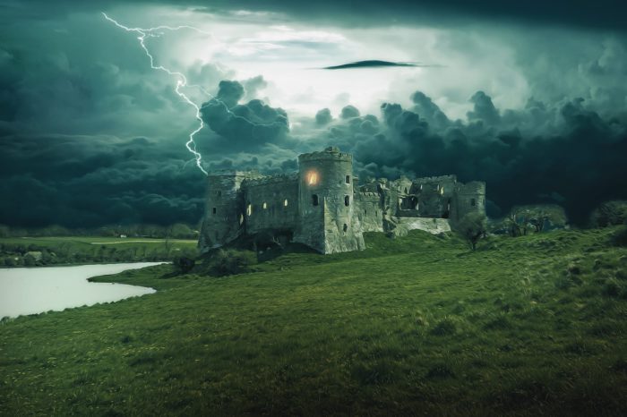 A depiction of an old castle during a stormy night