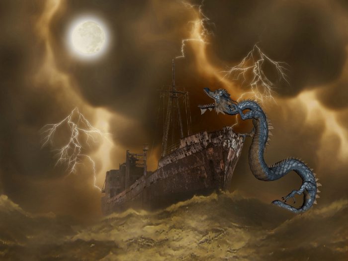 A picture of a sea monster attacking a ship