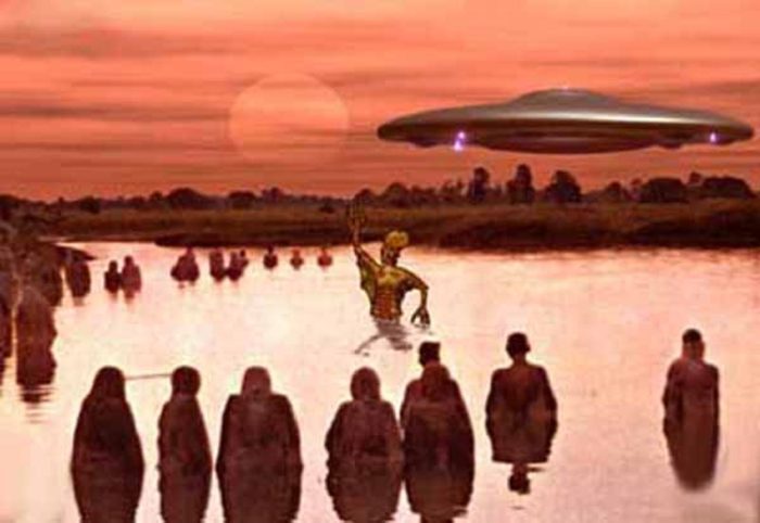 A depiction of aliens in ancient times teaching early humans