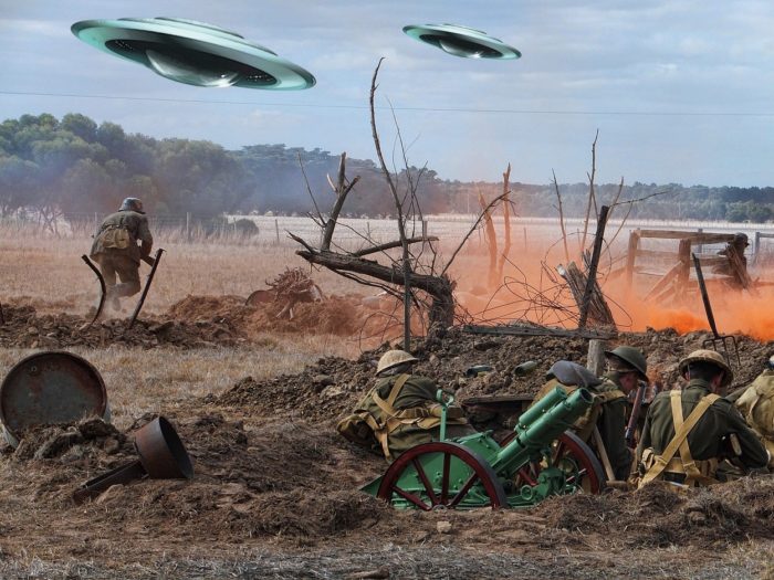 A superimposed UFO on a colorized picture of the First World War