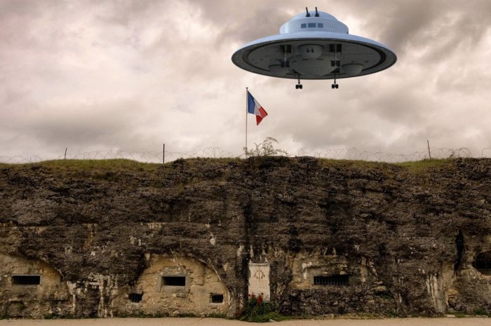 A superimposed UFO on a picture of the remains of a First World War base