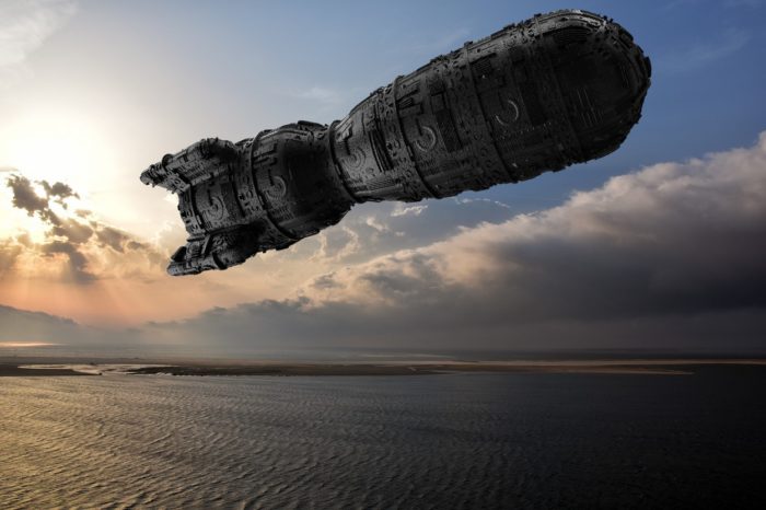 Cigar-shaped UFO flying over the water (artist's impression)