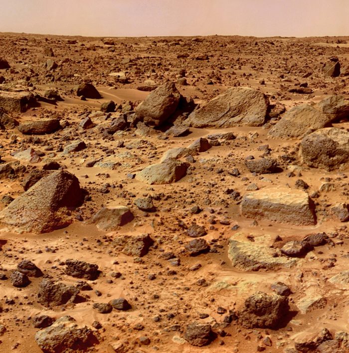 A close-up of the rocky Martian surface