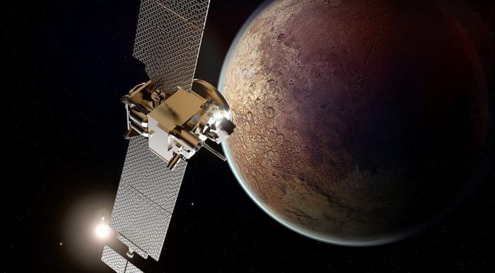 A depiction of satellite in orbit around Mars