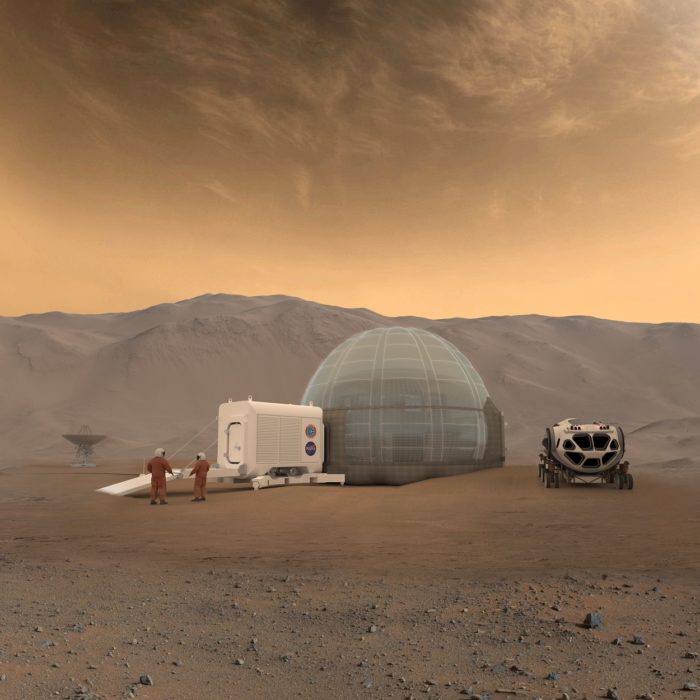 A depiction of a human base on Mars