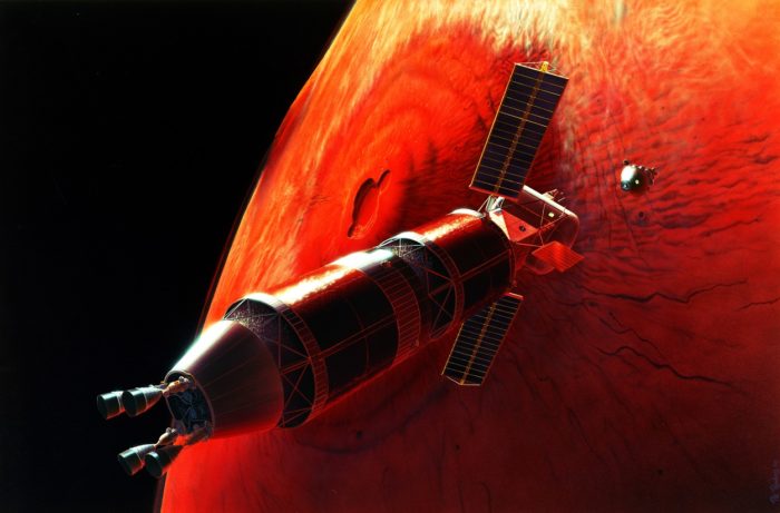 A depiction of a satellite orbiting Mars