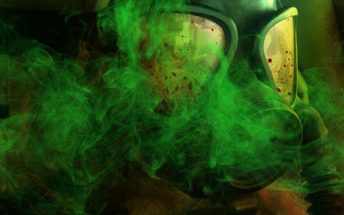 A depiction of someone wearing a gas mask with gas over the top