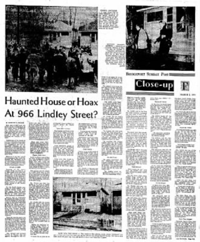 Newspaper report of the haunting on Lindely Street