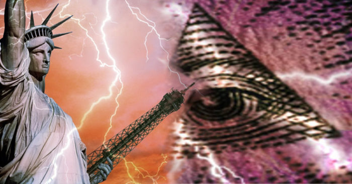 Superimposed State Of Liberty blended into an all-seeing eye