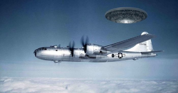 A bomber plane with a superimposed UFO behind it