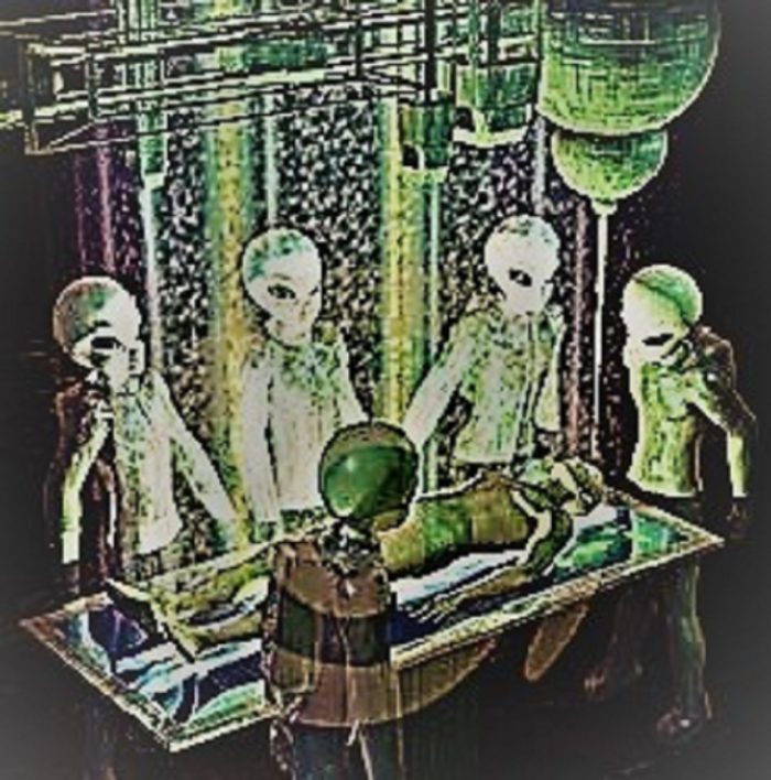 A depiction of aliens around an alien abductee