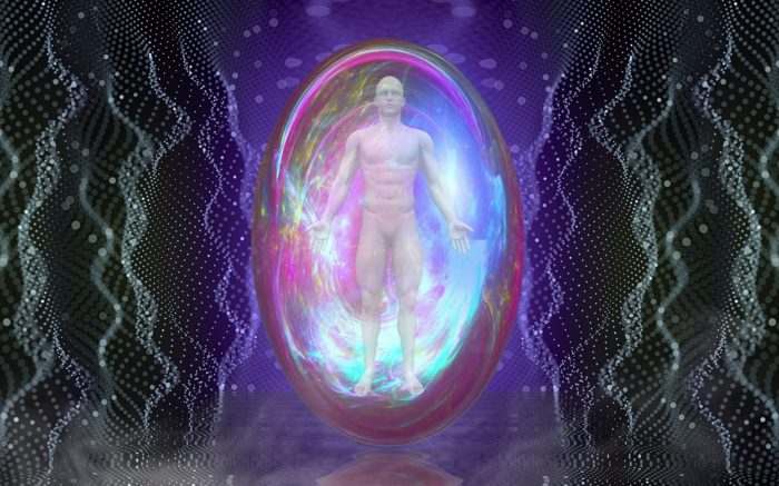 Depiction of a humanoid entering a portal