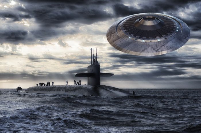 A depiction of a UFO and a submarine