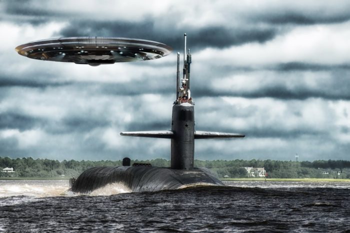 A depiction of a UFO and a submarine