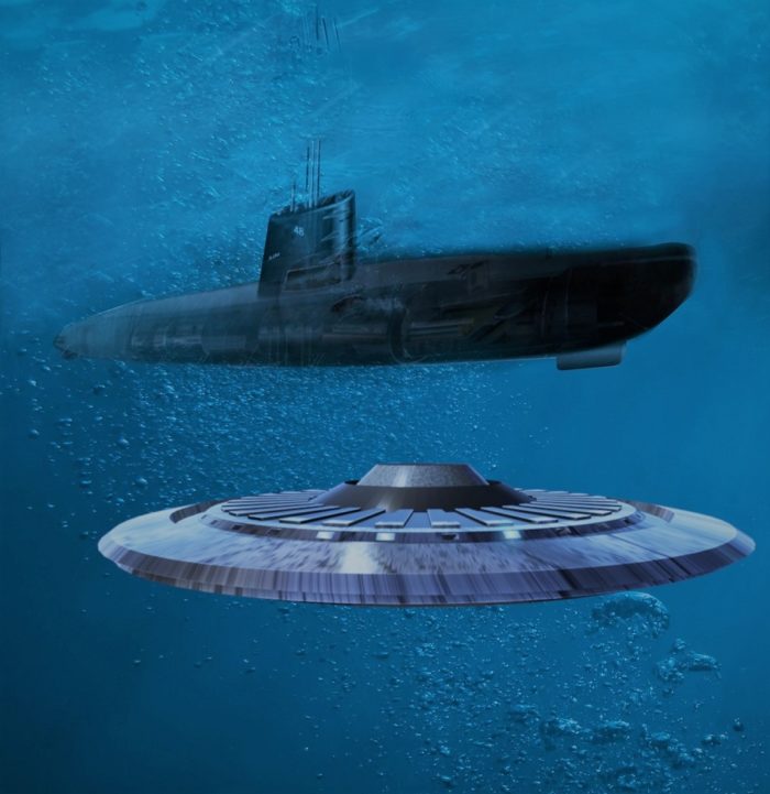 A depiction of a UFO and a submarine