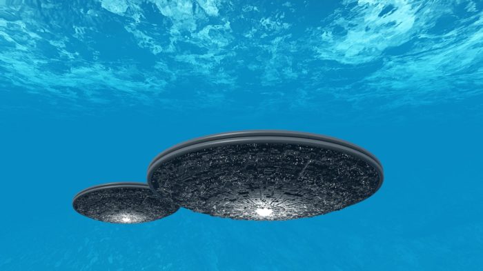 A depiction of an underwater UFO