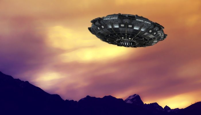 A depcition of a UFO in the evening sky