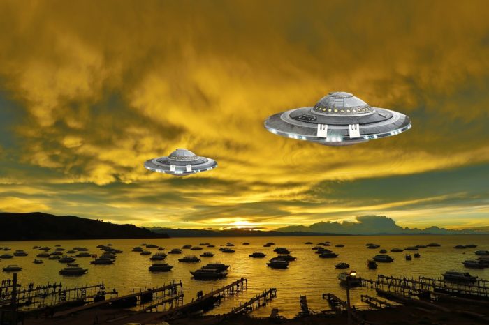 Depiction of two UFOs flying over a harbor