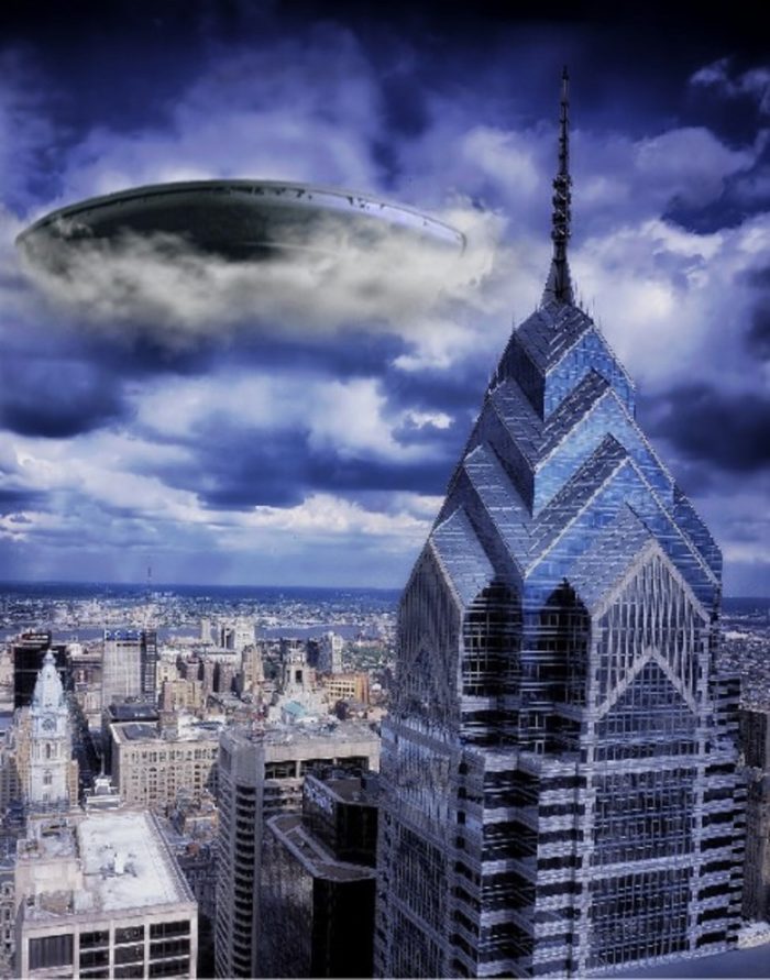 A superimposed UFO over a city