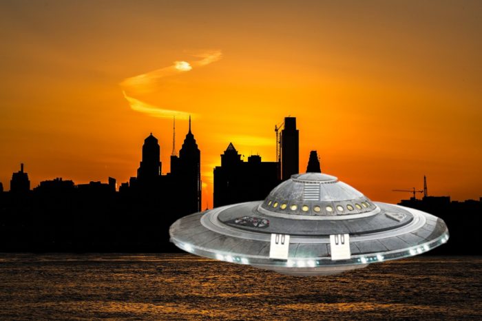 A superimposed UFO over a lake