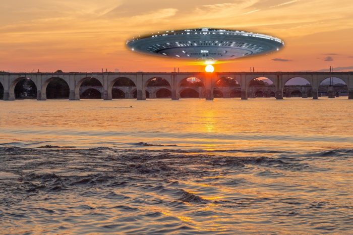 A superimposed UFO over a river